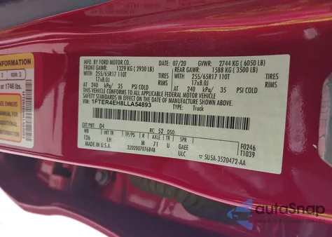 2020 Ford Ranger Xlt из США, поврежденный, VIN 1FTER4EH8LLA54893